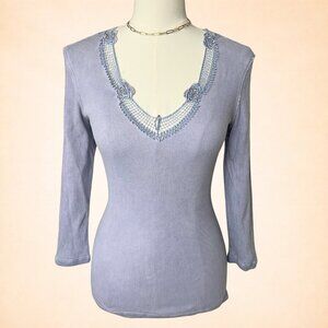Y2K Dusty Blue Lace Trim Embroidered Long Sleeve Top